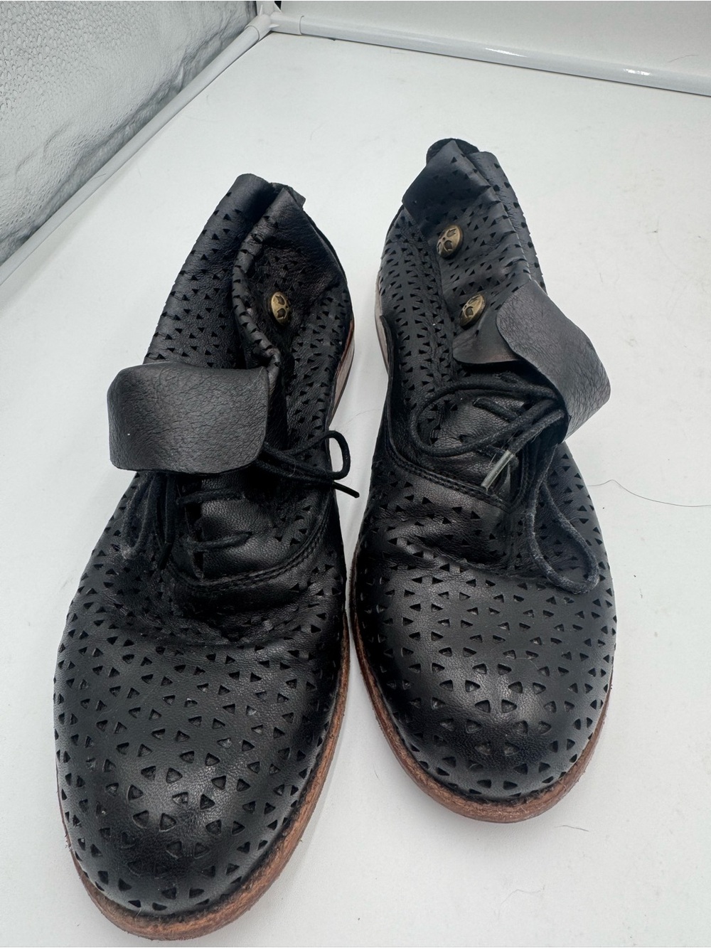 Patricia Nash Black Perforated Leather Lace-Up Flats with Brown Trim